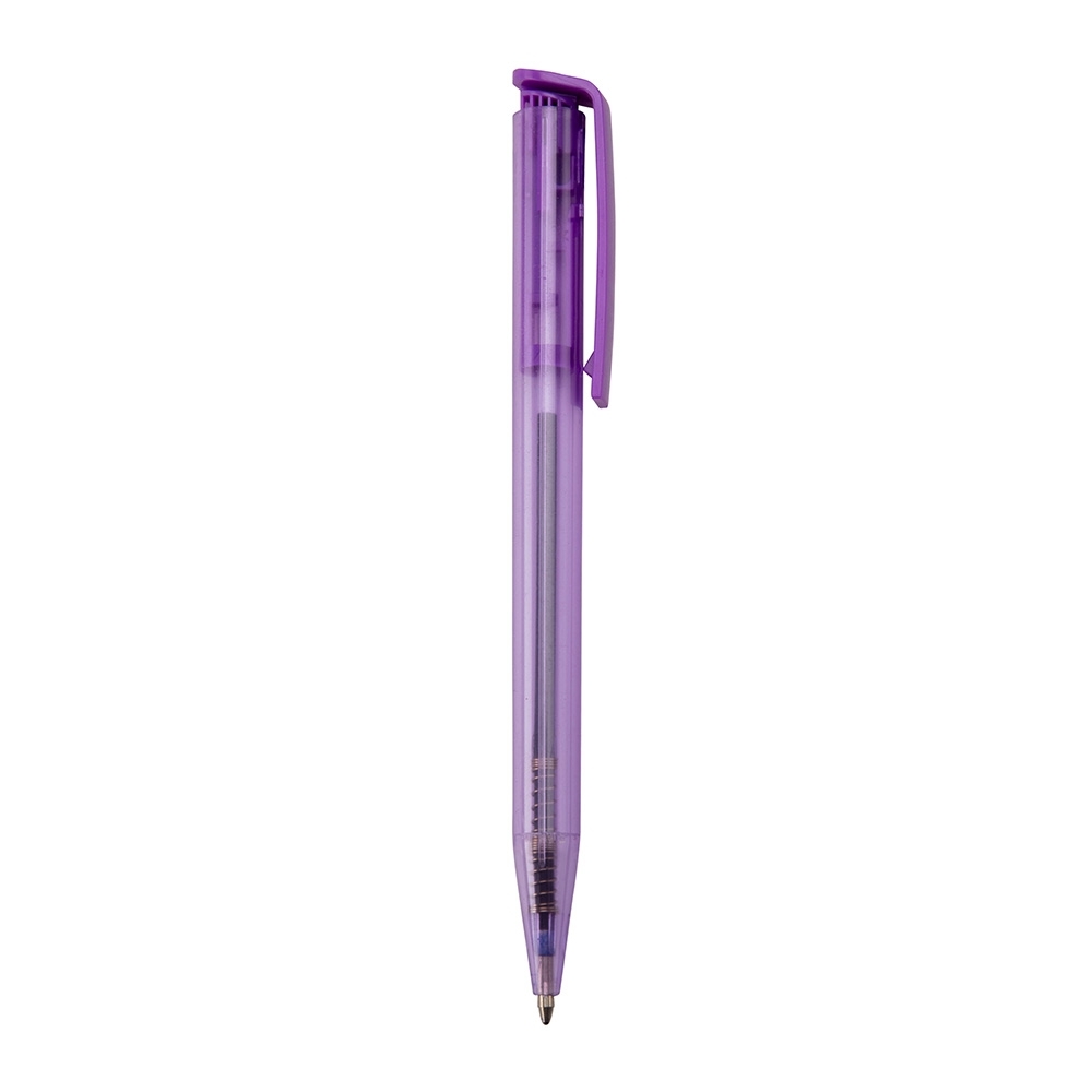 Caneta plástica translúcida de corpo reto com clipe em arco personalizada com a logo da empresa, na cor roxo