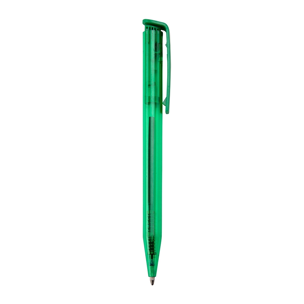 Caneta plástica translúcida de corpo reto com clipe em arco personalizada com a logo da empresa, na cor verde