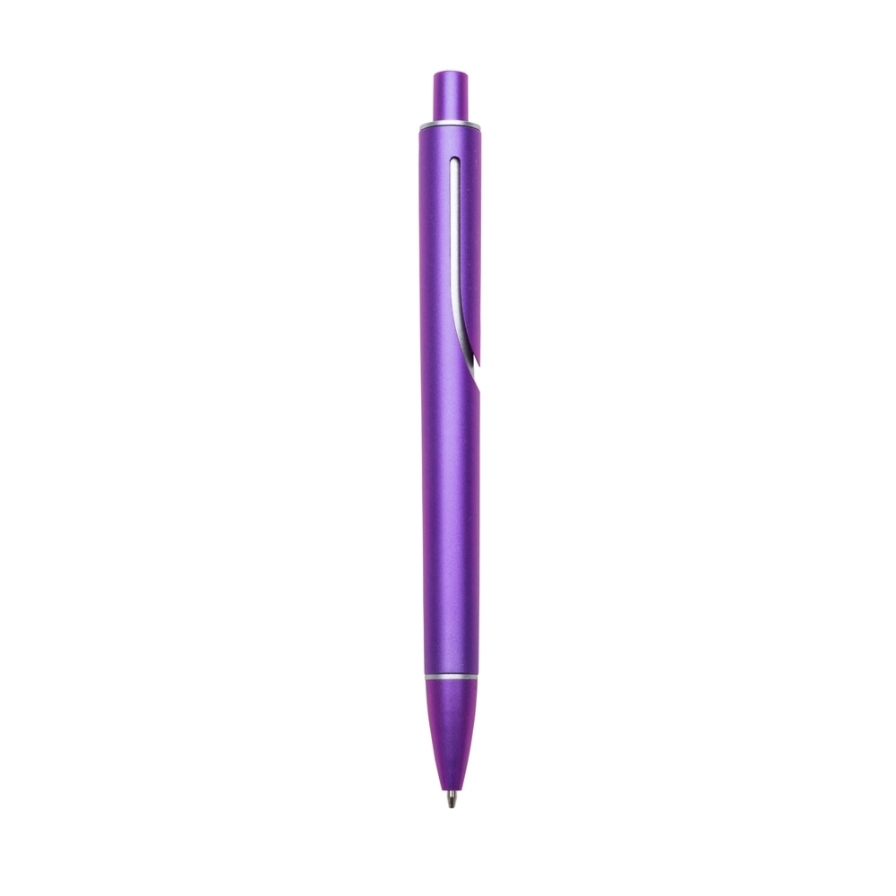 Caneta plástica com 1 anel personalizada com a logo da empresa, na cor roxo / prata