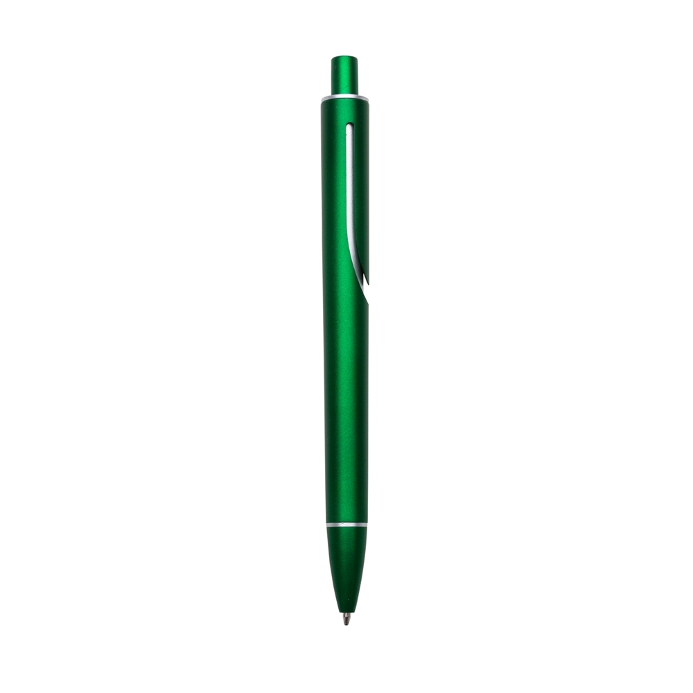 Caneta plástica com 1 anel personalizada com a logo da empresa, na cor verde / prata