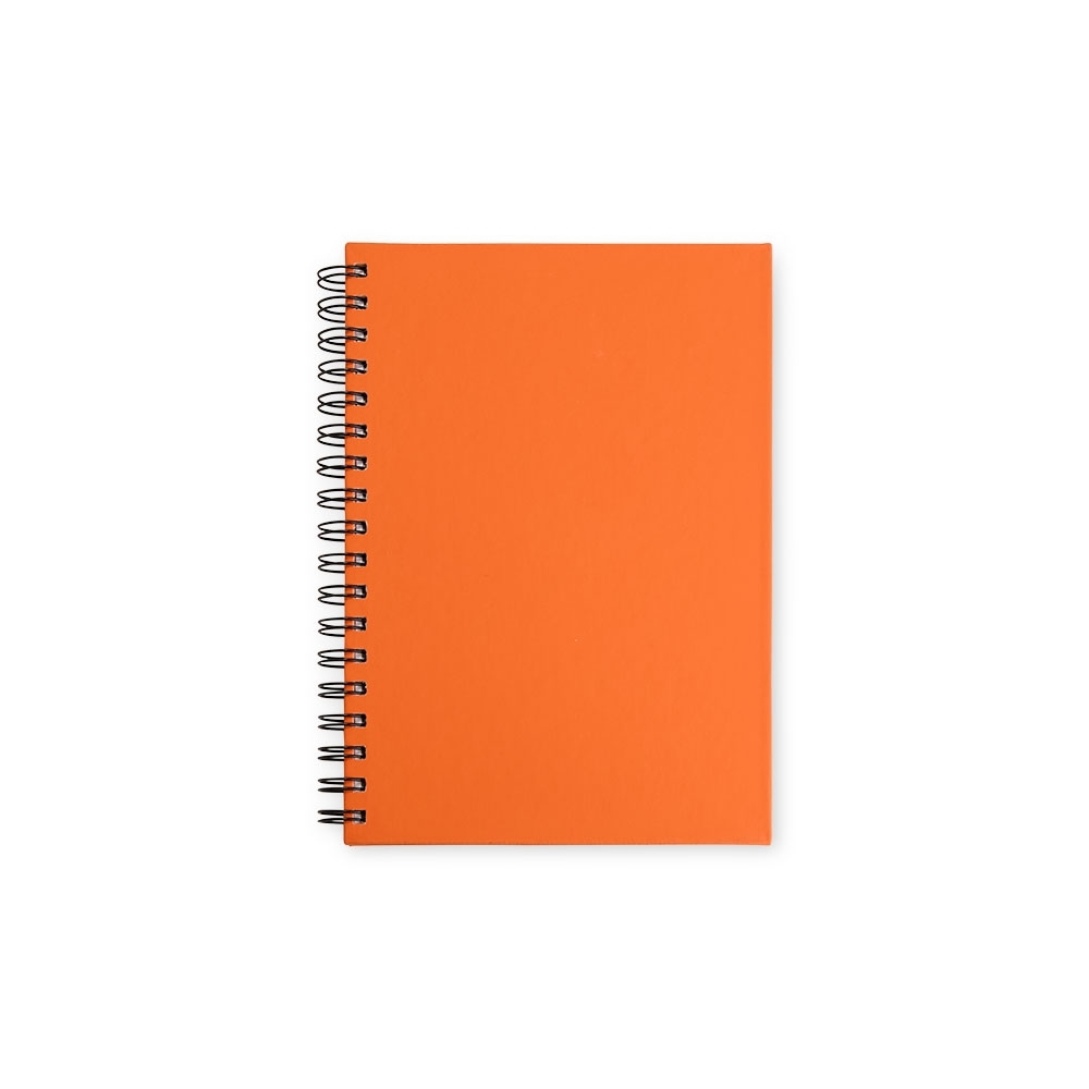 Caderno capa emborrachada com espiral e 100 folhas personalizado com a logo da empresa, na cor laranja