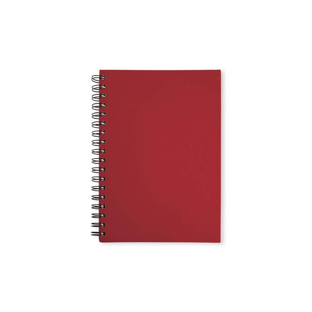 Caderno capa emborrachada com espiral e 100 folhas personalizado com a logo da empresa, na cor vermelho / preto