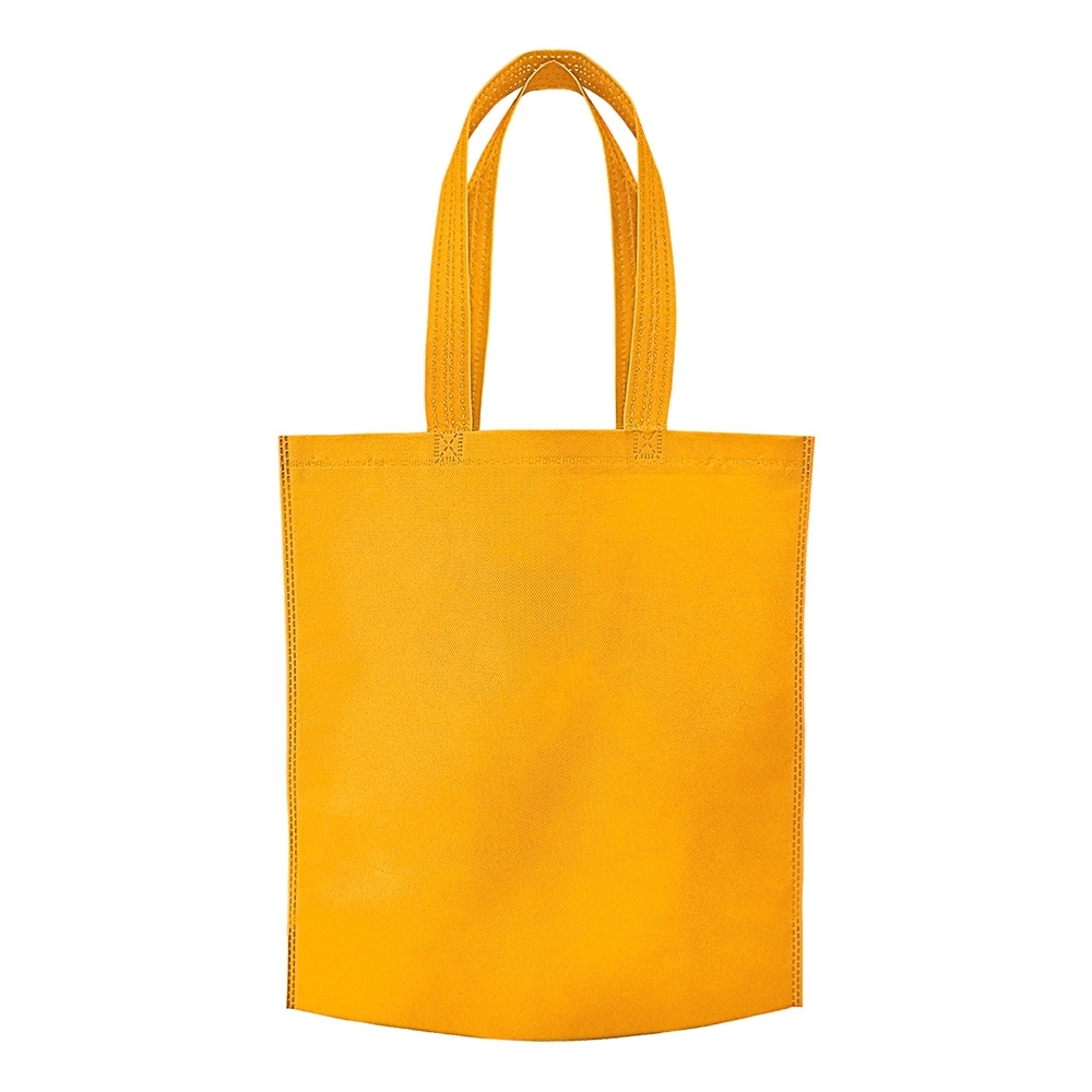 Sacola de TNT termosselada vertical com alças personalizada com a logo da empresa, na cor amarelo