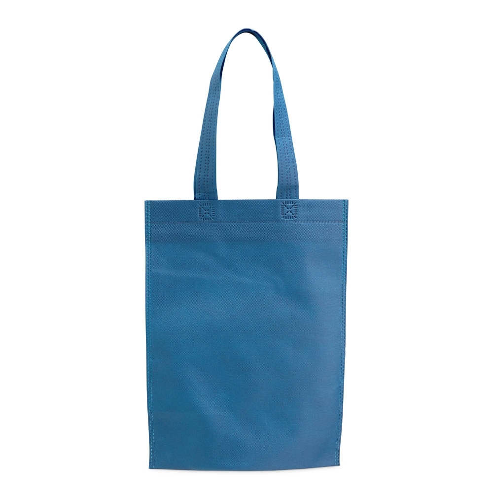 Sacola TNT impermeável personalizada com a logo da empresa, na cor azul claro