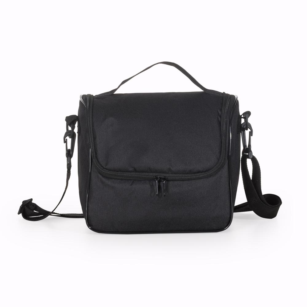 Bolsa térmica abertura frontal 8,5 litros de nylon na cor Preto, personalizada com a logo da empresa