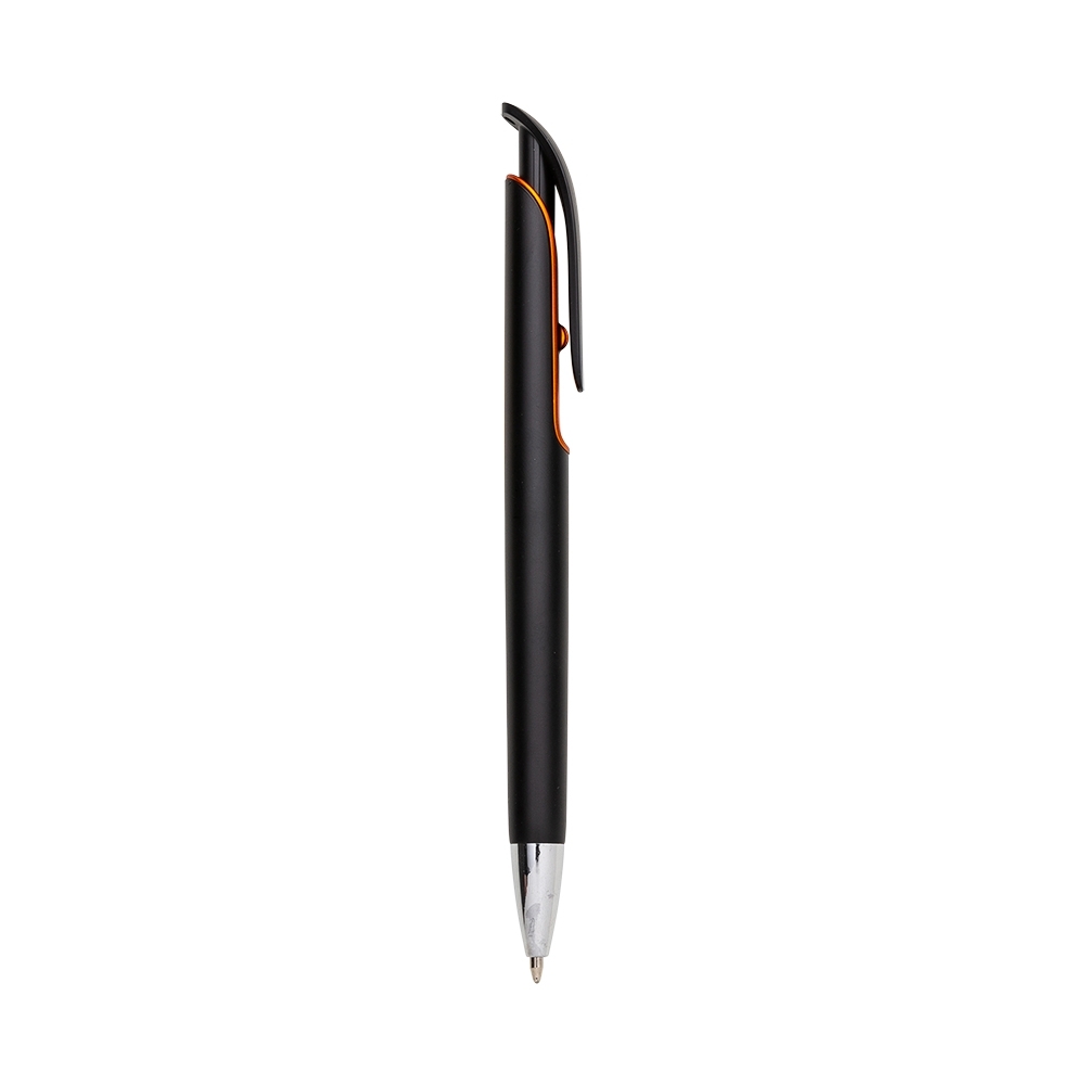Caneta plástica de corpo preto com clipe curvo e ponteira cromada na cor Preto / Laranja, personalizada com a logo da empresa