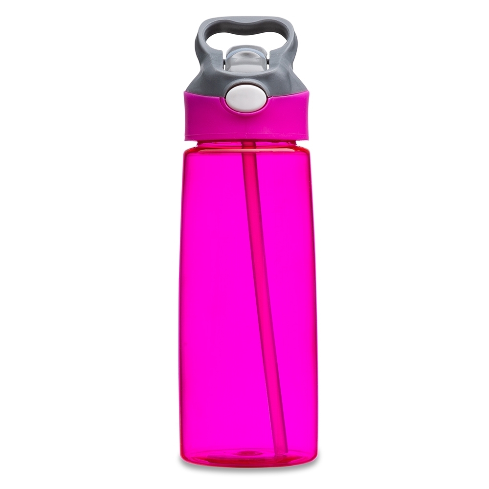 Squeeze 650 ml de plástico com acionador e alça personalizado com a logo da empresa, na cor rosa / cinza