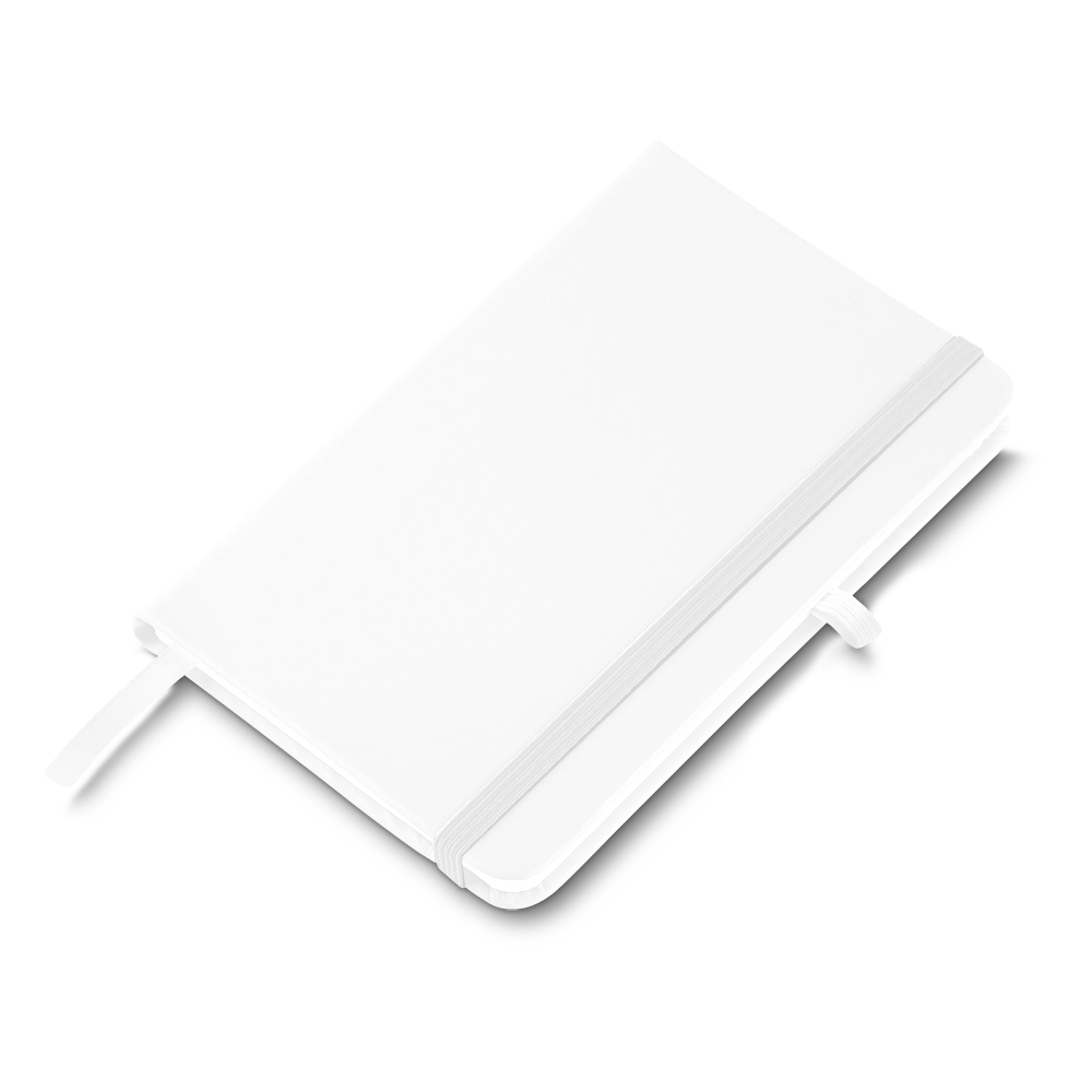 Caderneta emborrachada com porta caneta e 80 folhas na cor Branco, personalizada com a logo da empresa