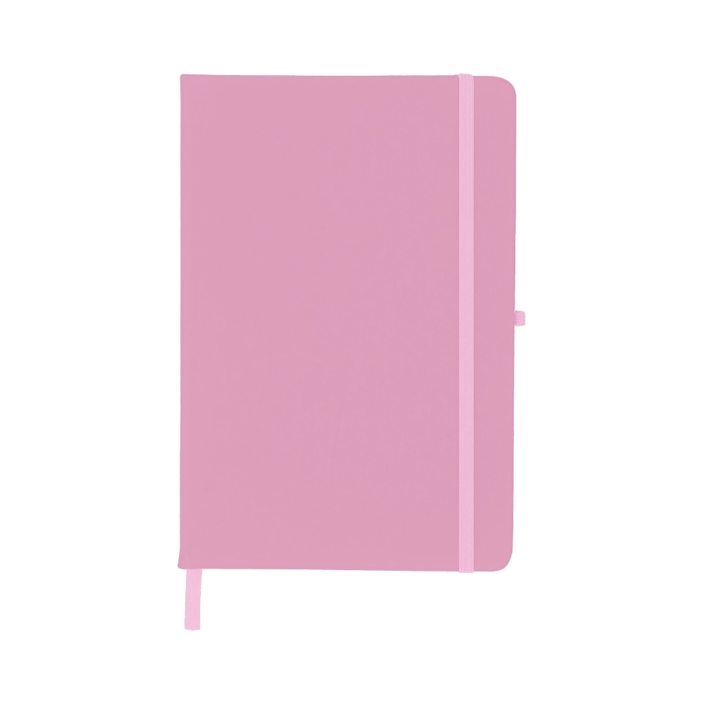 Caderneta emborrachada pautada com porta-caneta elástico personalizada com a logo da empresa, na cor rosa