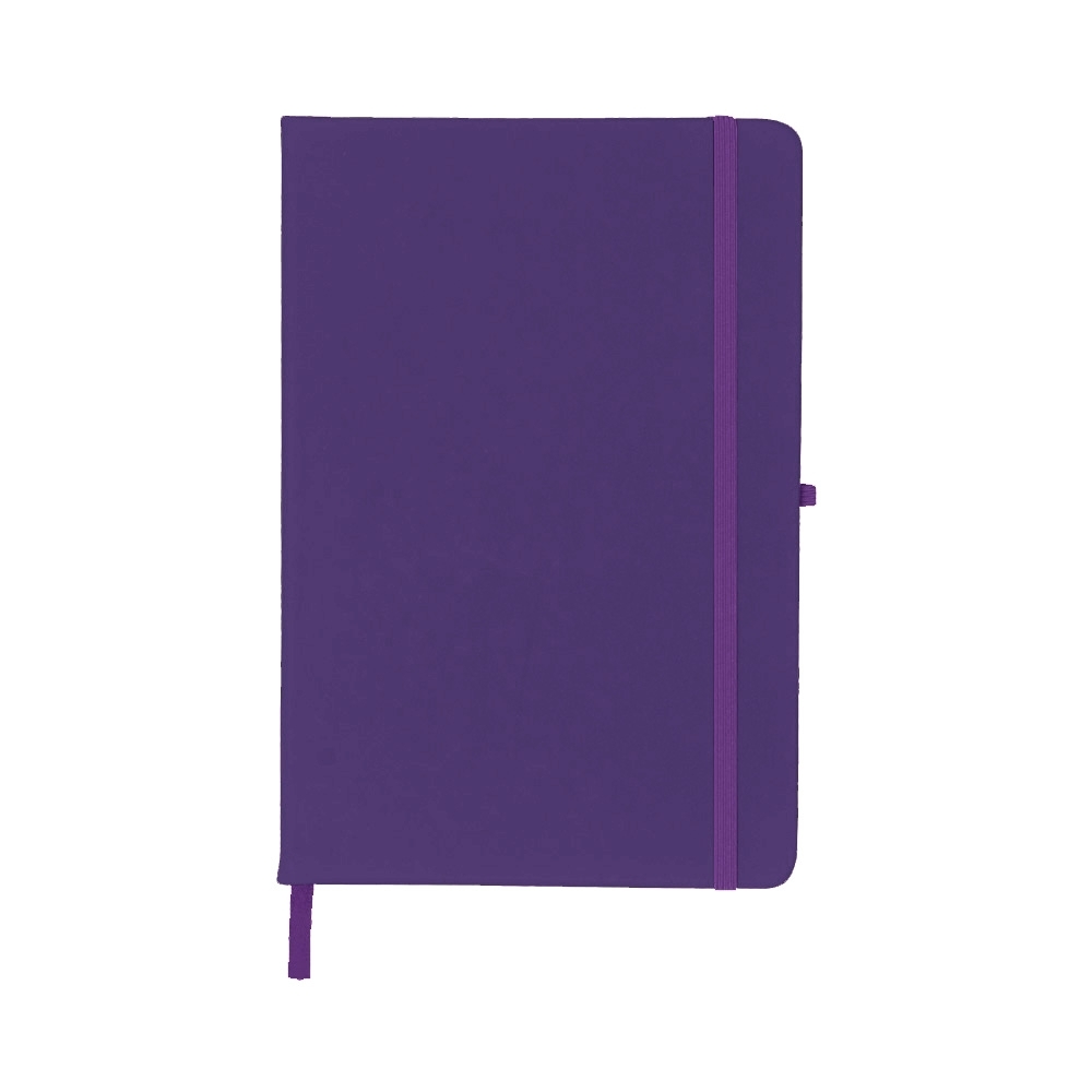 Caderneta emborrachada sem pauta com porta-caneta elástico personalizada com a logo da empresa, na cor roxo