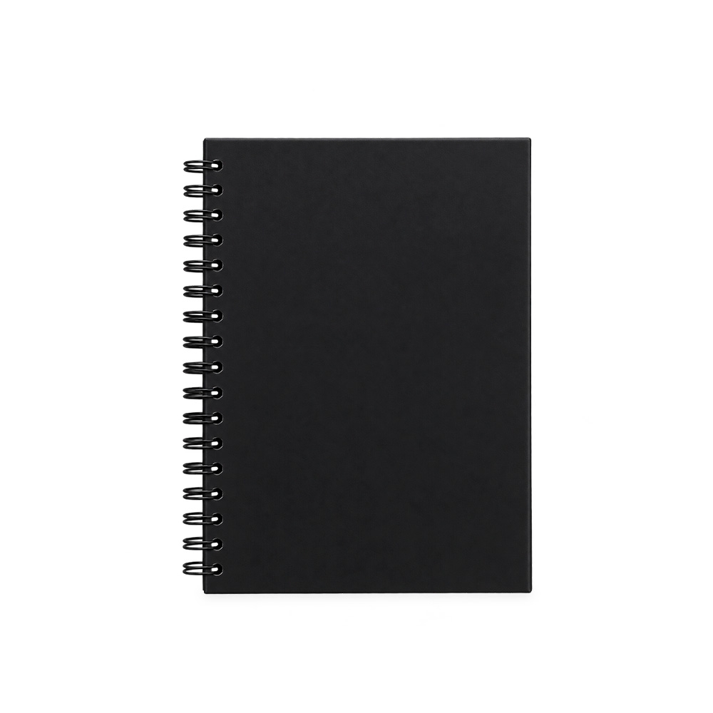 Caderno emborrachado com capa dura e espiral na cor Preto, personalizado com a logo da empresa