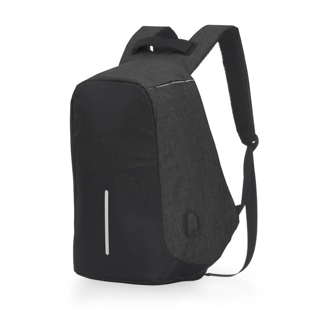 Mochila anti-furto de poliéster na cor Preto, personalizada com a logo da empresa