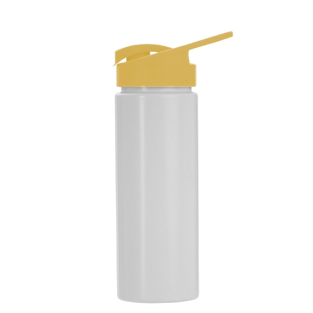 Squeeze plástico 550 ml com tampa colorida, alça e tampa protetora na cor Branco / Amarelo, personalizado com a logo da empresa