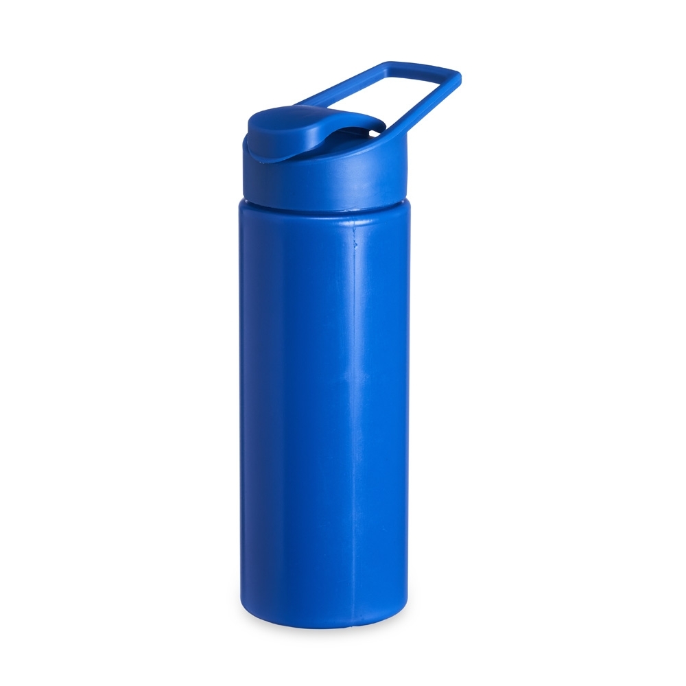 Squeeze plástico 550 ml colorido com alça e tampa protetora personalizado com a logo da empresa, na cor azul
