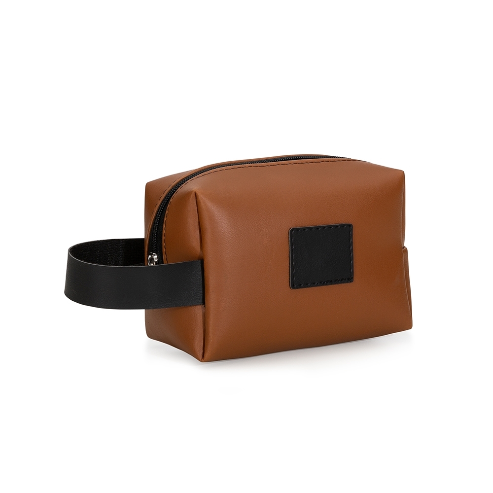Nécessaire de couro sintético com alça e plaquinha para personalização personalizada com a logo da empresa