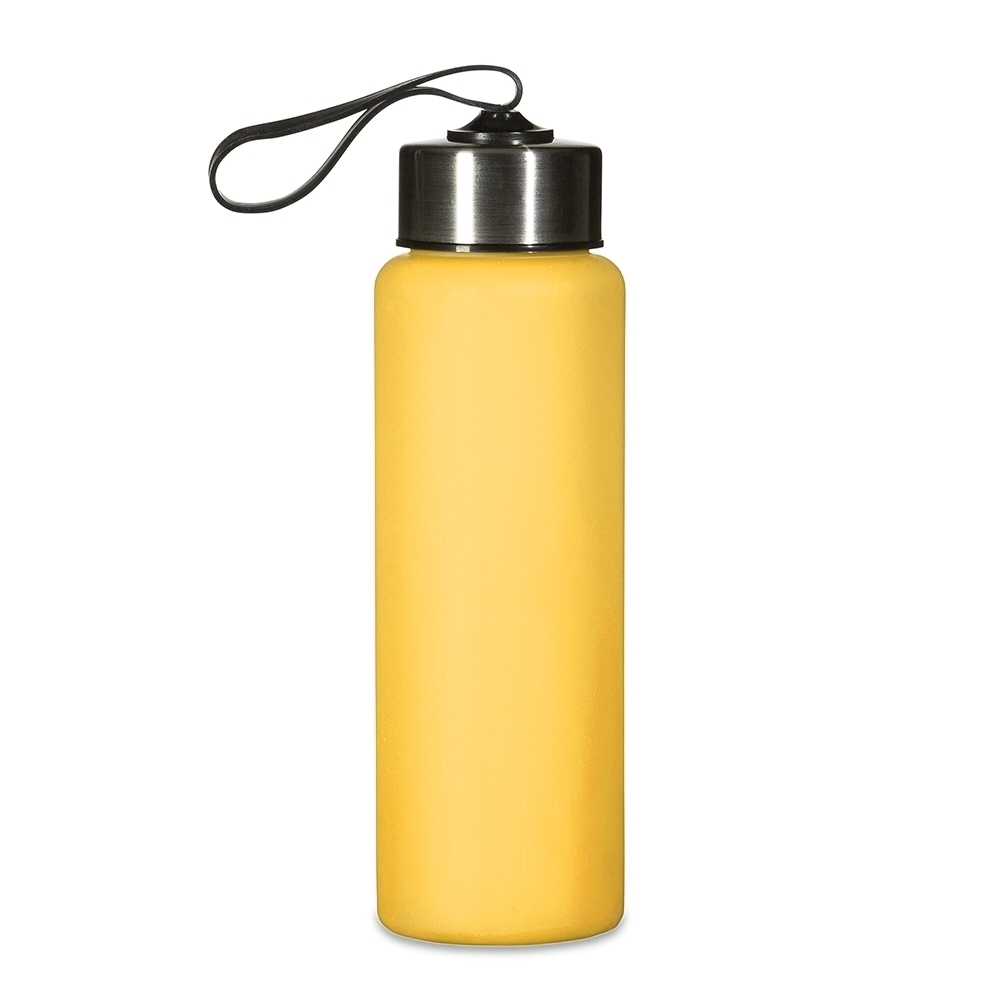Garrafa plástica 680 ml com alça sem BPA personalizada com a logo da empresa, na cor amarelo / preto