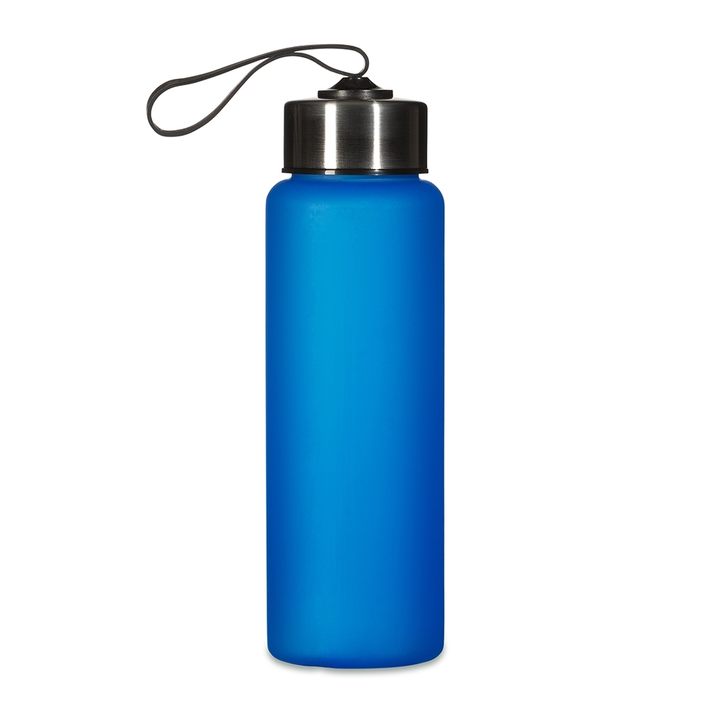 Garrafa plástica 680 ml com alça sem BPA personalizada com a logo da empresa, na cor azul