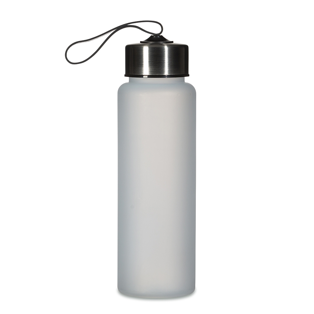 Garrafa plástica 680 ml com alça sem BPA personalizada com a logo da empresa, na cor branco / inox