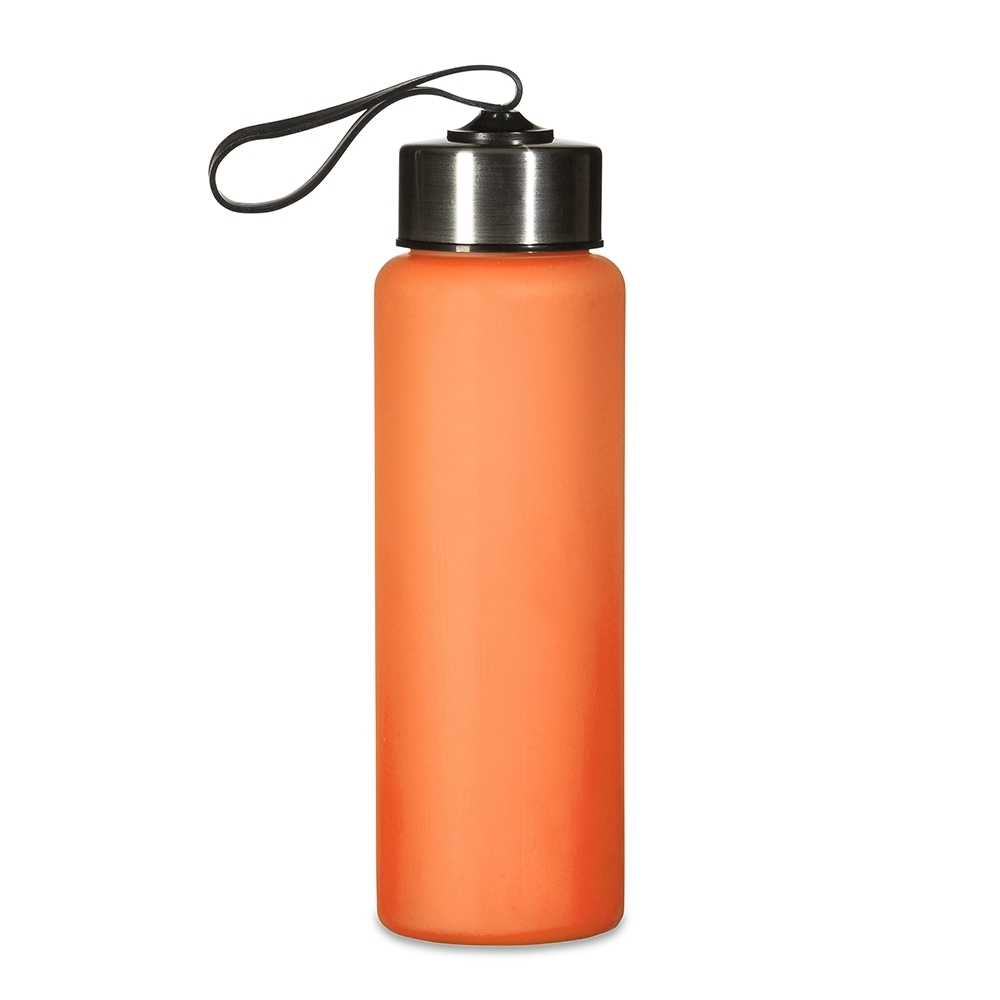 Garrafa plástica 680 ml com alça sem BPA personalizada com a logo da empresa, na cor laranja / inox