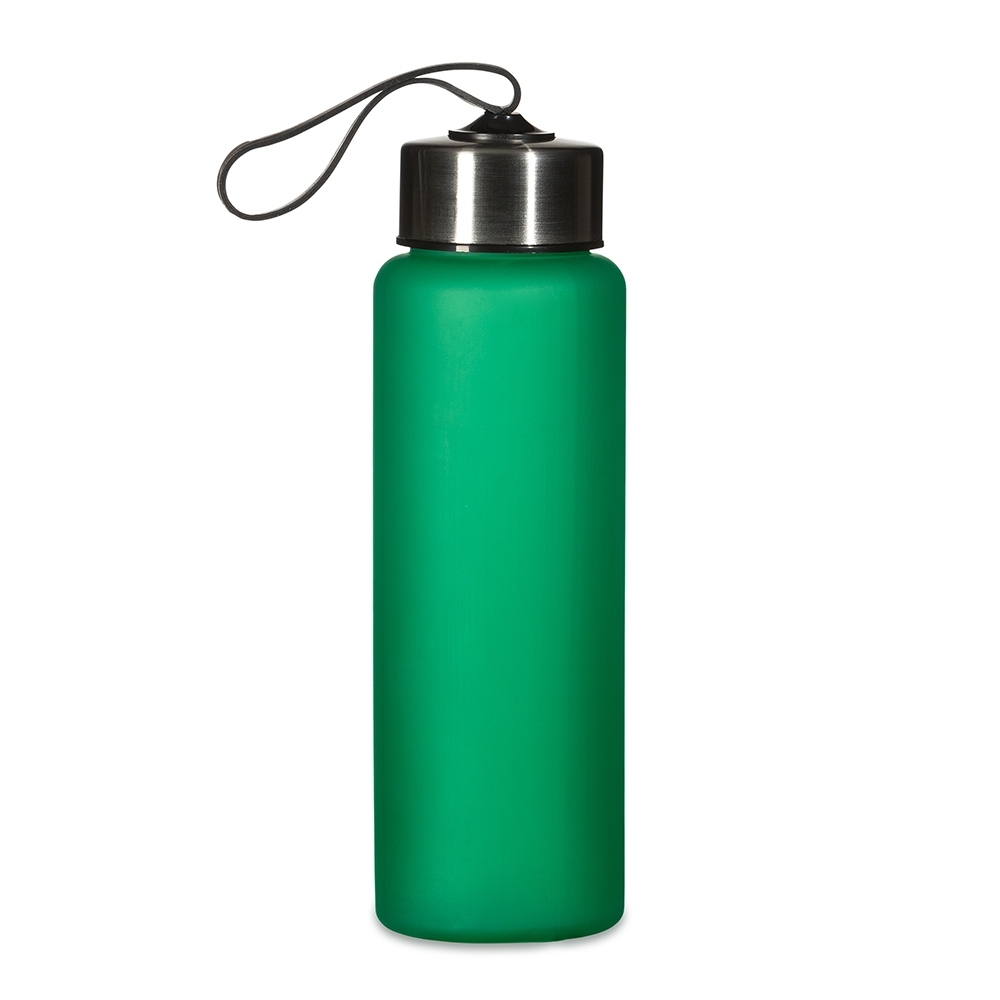 Garrafa plástica 680 ml com alça sem BPA personalizada com a logo da empresa, na cor verde / inox