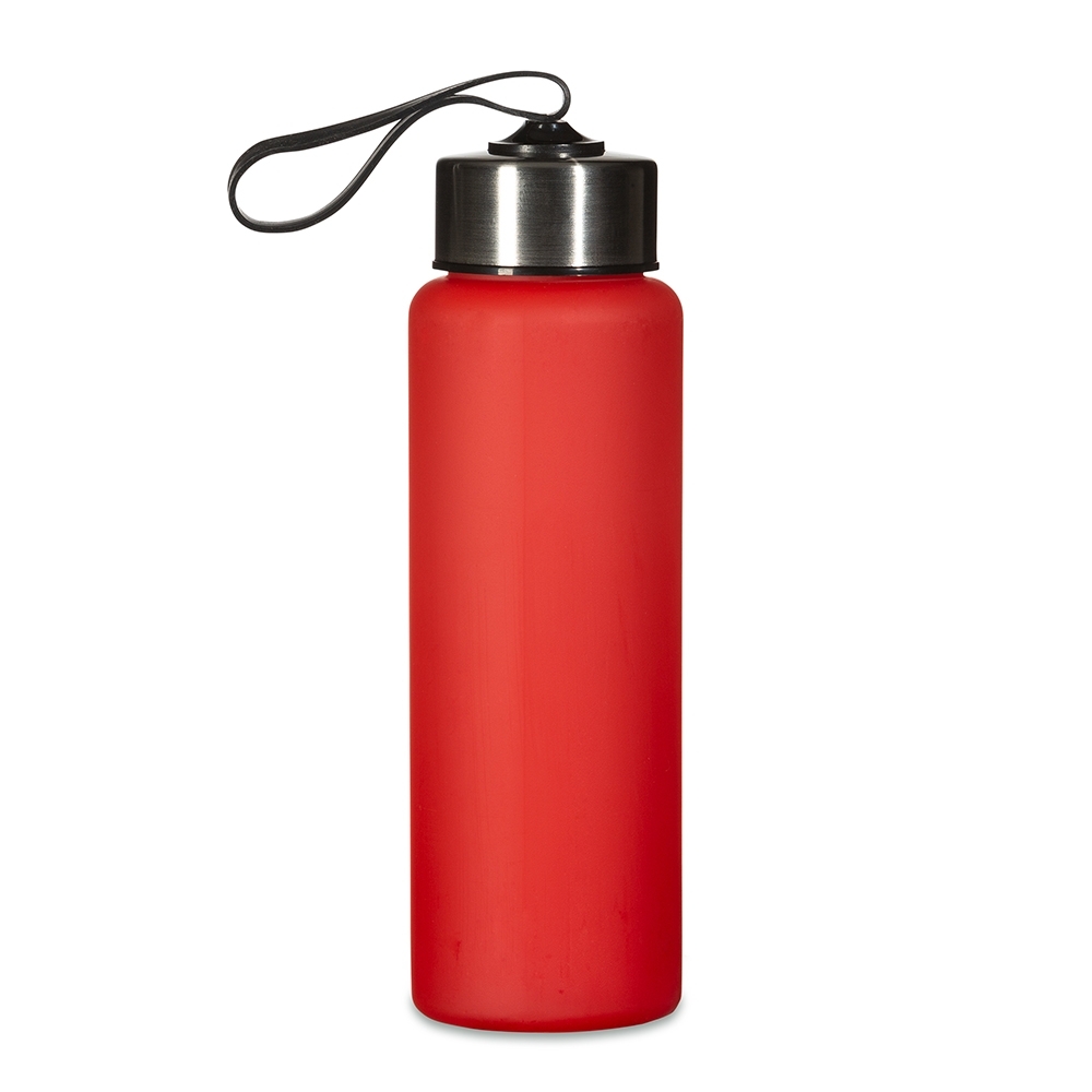 Garrafa plástica 680 ml com alça sem BPA personalizada com a logo da empresa, na cor vermelho / inox