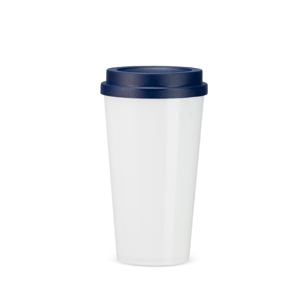 Copo plástico 550 ml personalizado com a logo da empresa, na cor branco / azul