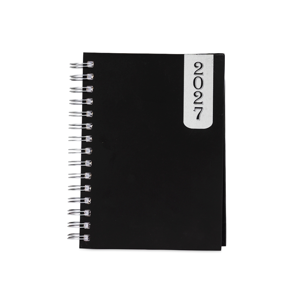 Agenda diária 2027 com espiral e capa dura lisa na cor Preto / Prata, personalizada com a logo da empresa