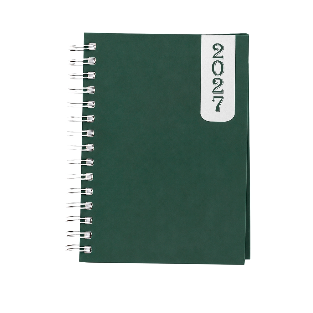 Agenda diária 2027 com espiral e capa dura lisa personalizada com a logo da empresa, na cor verde / prata