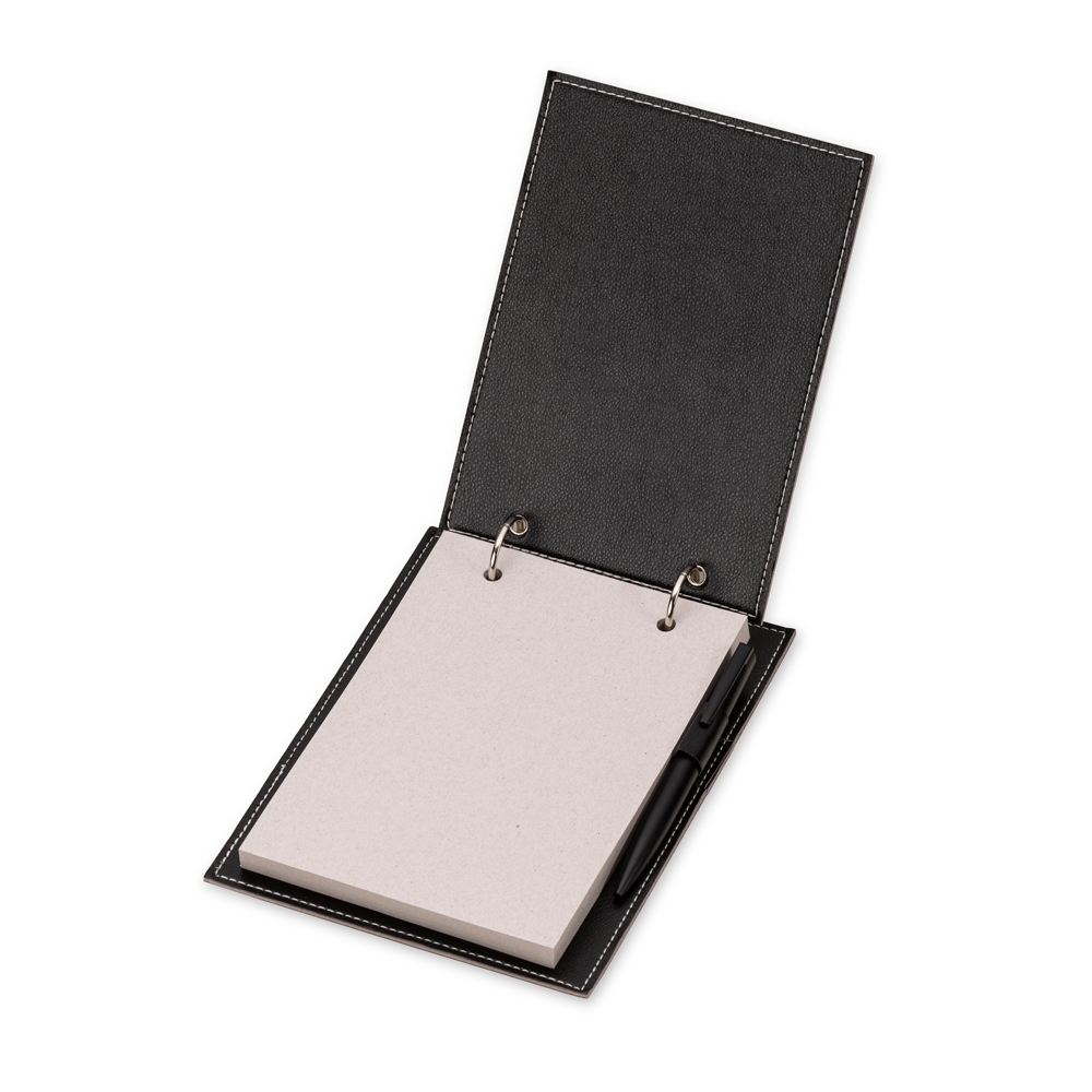 Bloco de anotações de mesa couro sintético com 96 folhas na cor Preto, personalizado com a logo da empresa