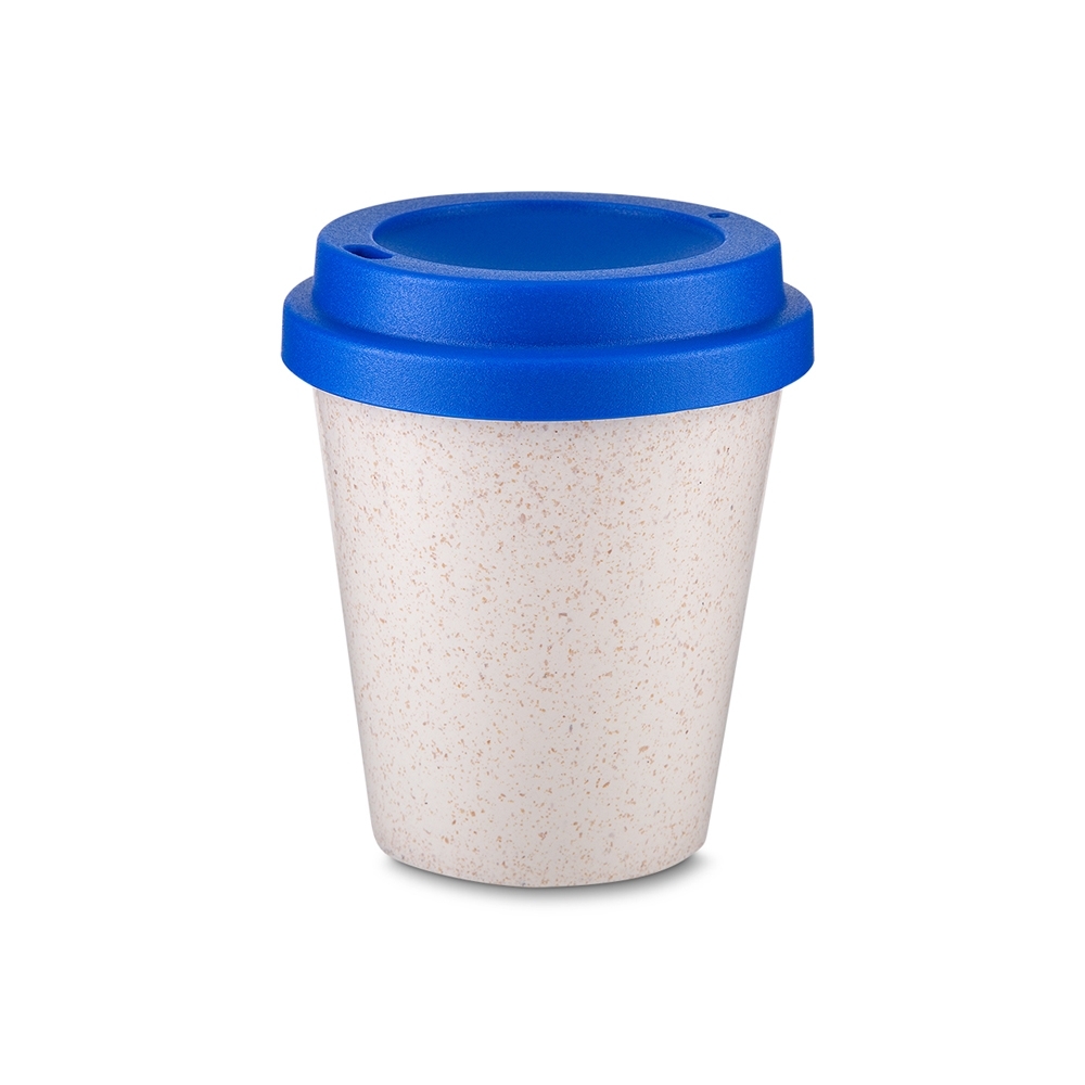 Copo de fibra de arroz 350 ml com tampa de pressão colorida personalizado com a logo da empresa, na cor bege / azul
