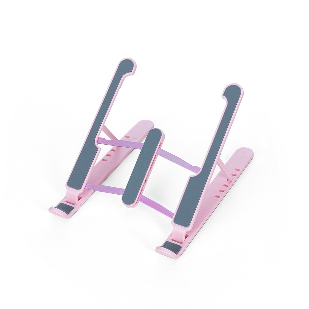 Suporte retrátil para notebook multi ângulos na cor Rosa / Prata, personalizado com a logo da empresa