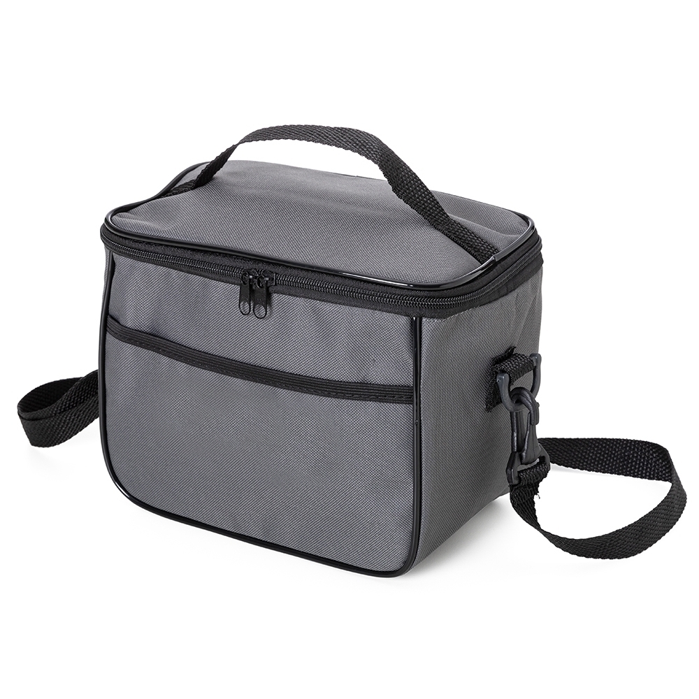 Lancheira de nylon 6 litros com plaquinha e alça transversal personalizada com a logo da empresa, na cor cinza