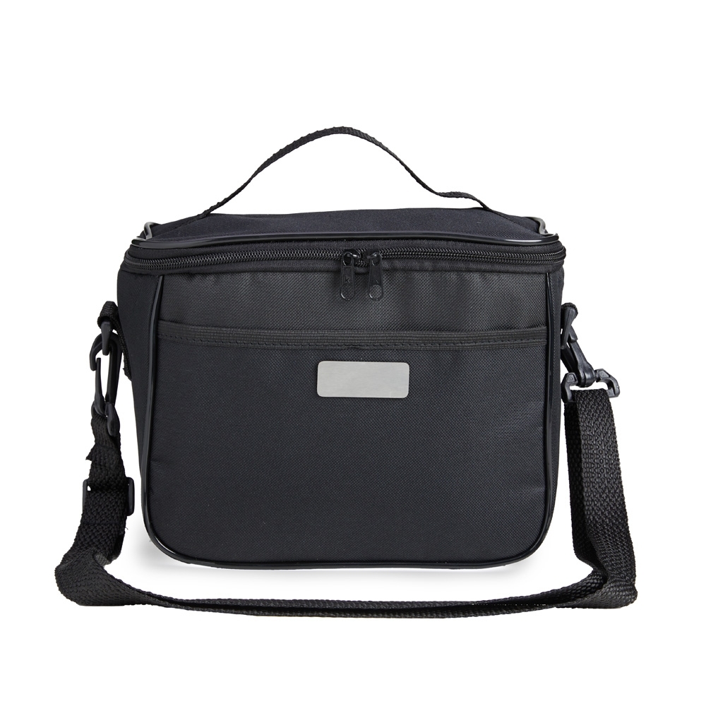 Lancheira de nylon 6 litros com plaquinha e alça transversal na cor Preto, personalizada com a logo da empresa