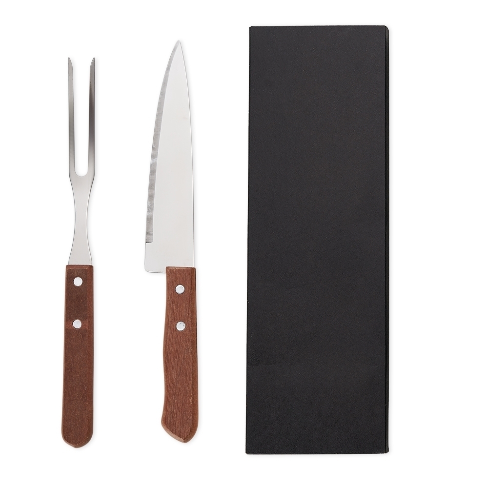 Kit churrasco com 2 peças caixa kraft na cor Madeira / Inox, personalizado com a logo da empresa