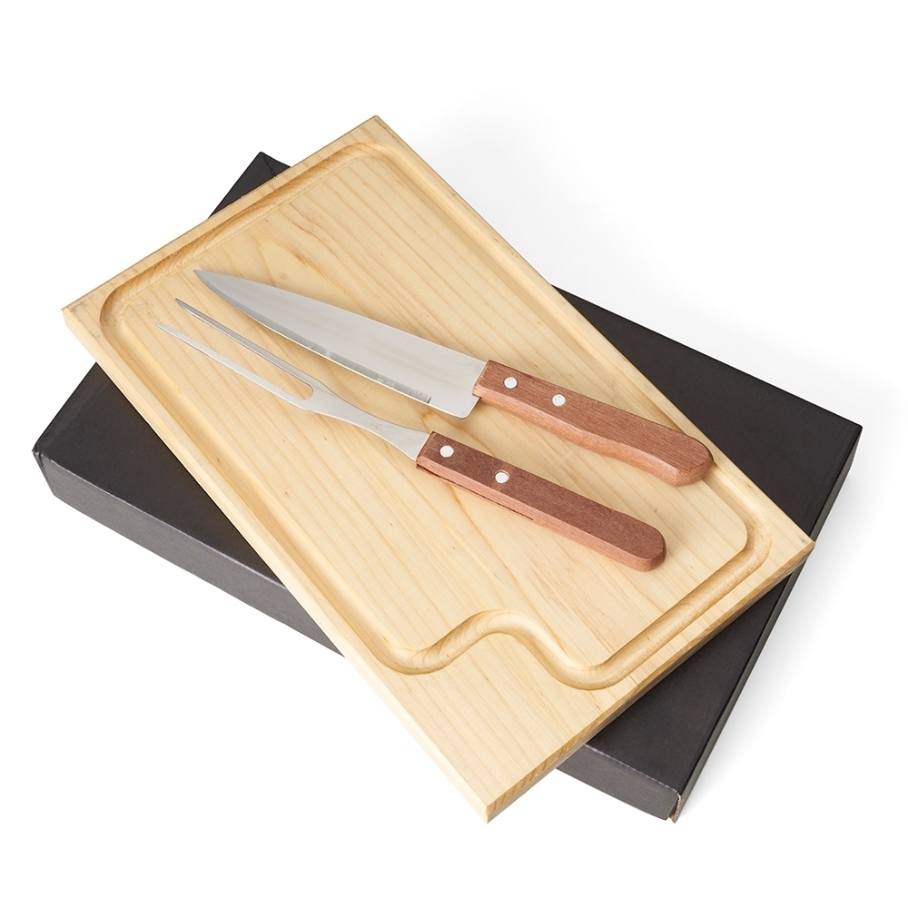 Kit churrasco com 3pç caixa kraft na cor Madeira / Inox, personalizado com a logo da empresa