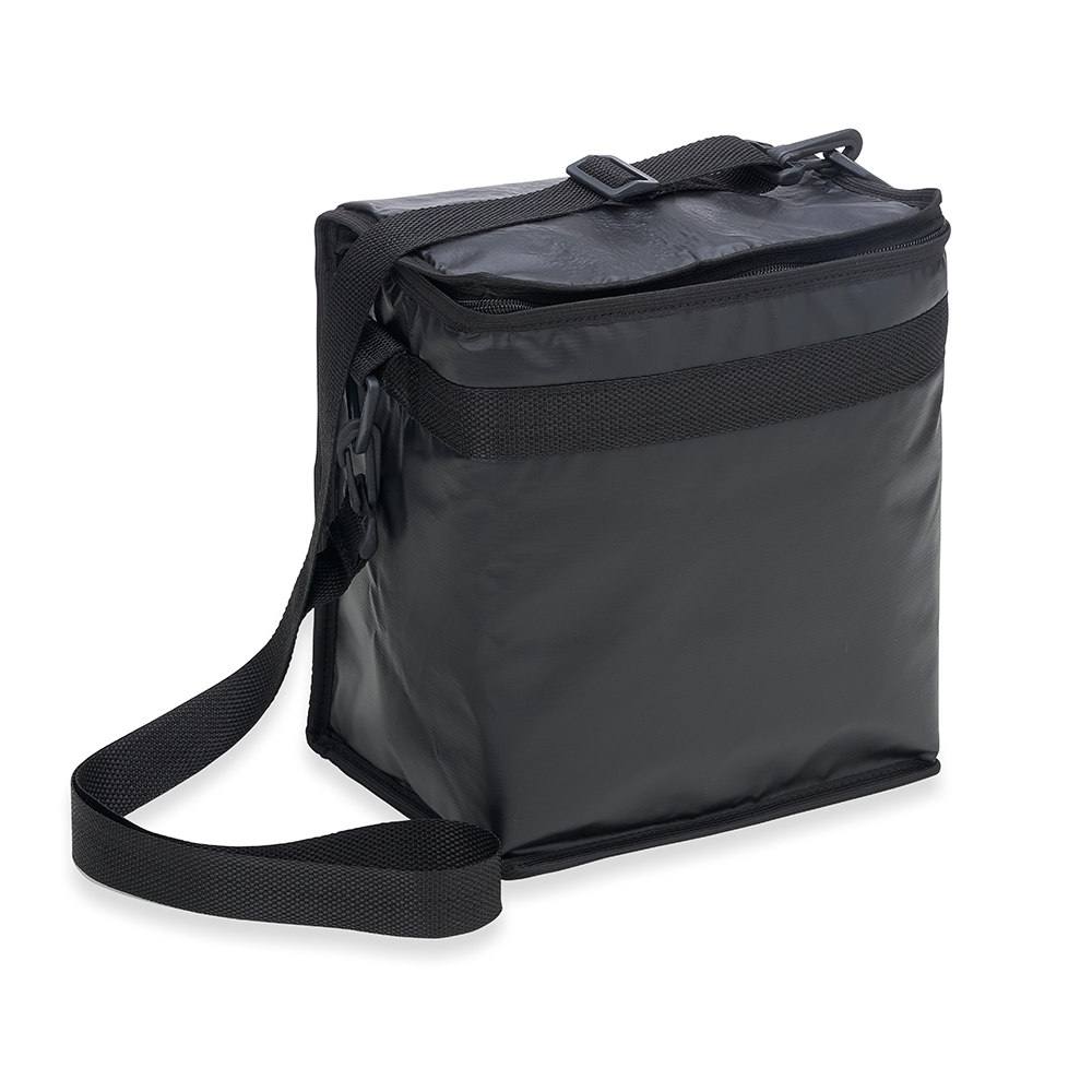 Bolsa térmica 10 litros de plástico com alça transversal na cor Preto, personalizada com a logo da empresa
