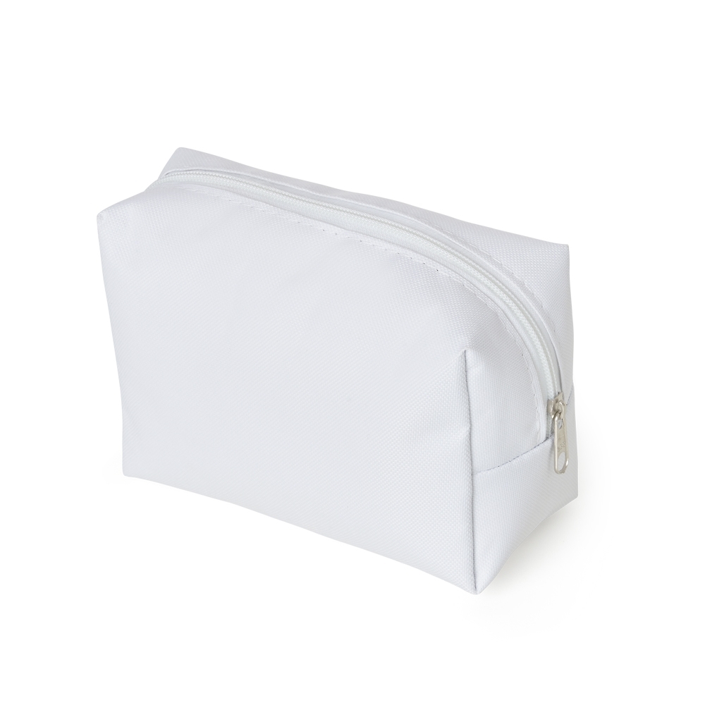Necessaire em nylon personalizada com a logo da empresa, na cor branco