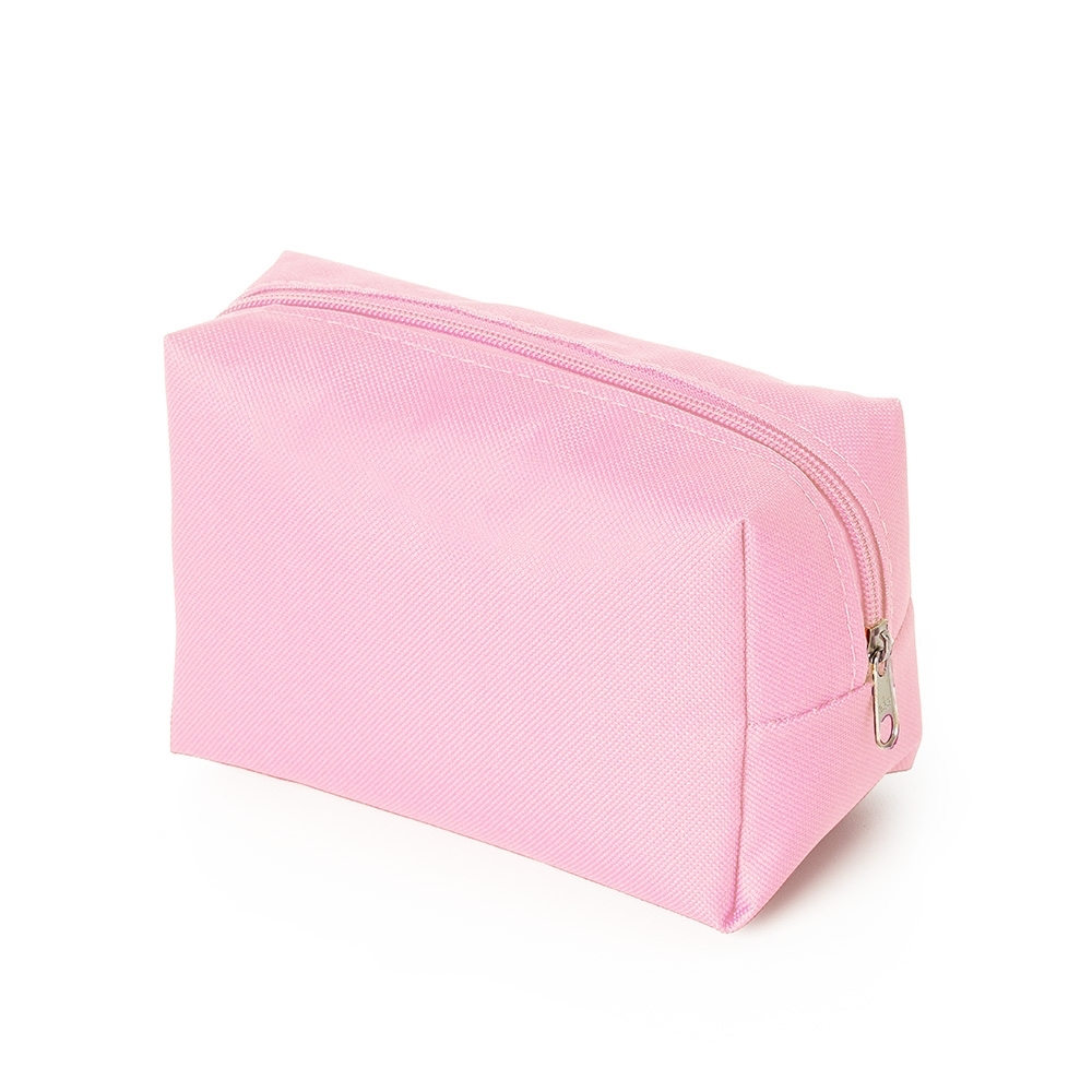 Necessaire em nylon personalizada com a logo da empresa, na cor rosa claro
