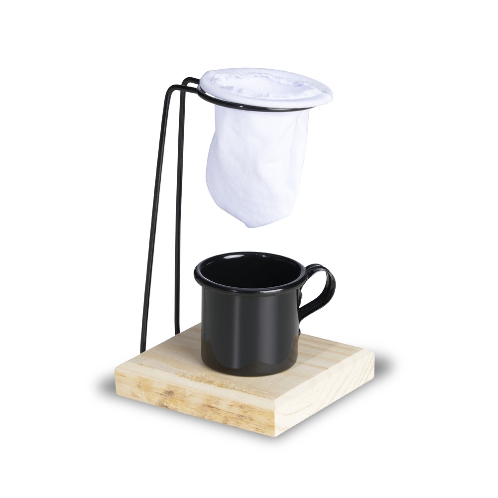 Kit de café 3 peças com xícara de metal, coador e base de madeira na cor Preto, personalizado com a logo da empresa