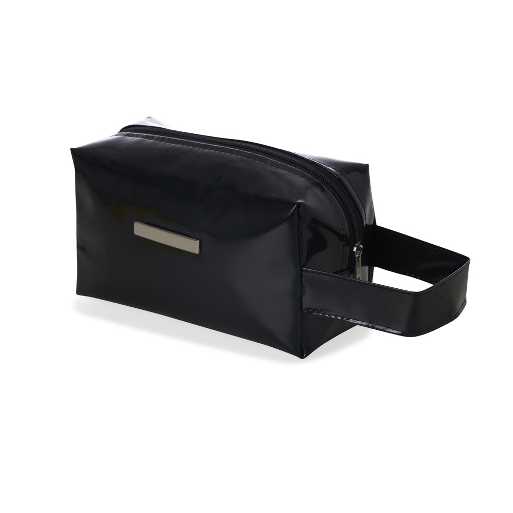 Necessaire confec. impermeável em vinil na cor Preto, personalizada com a logo da empresa