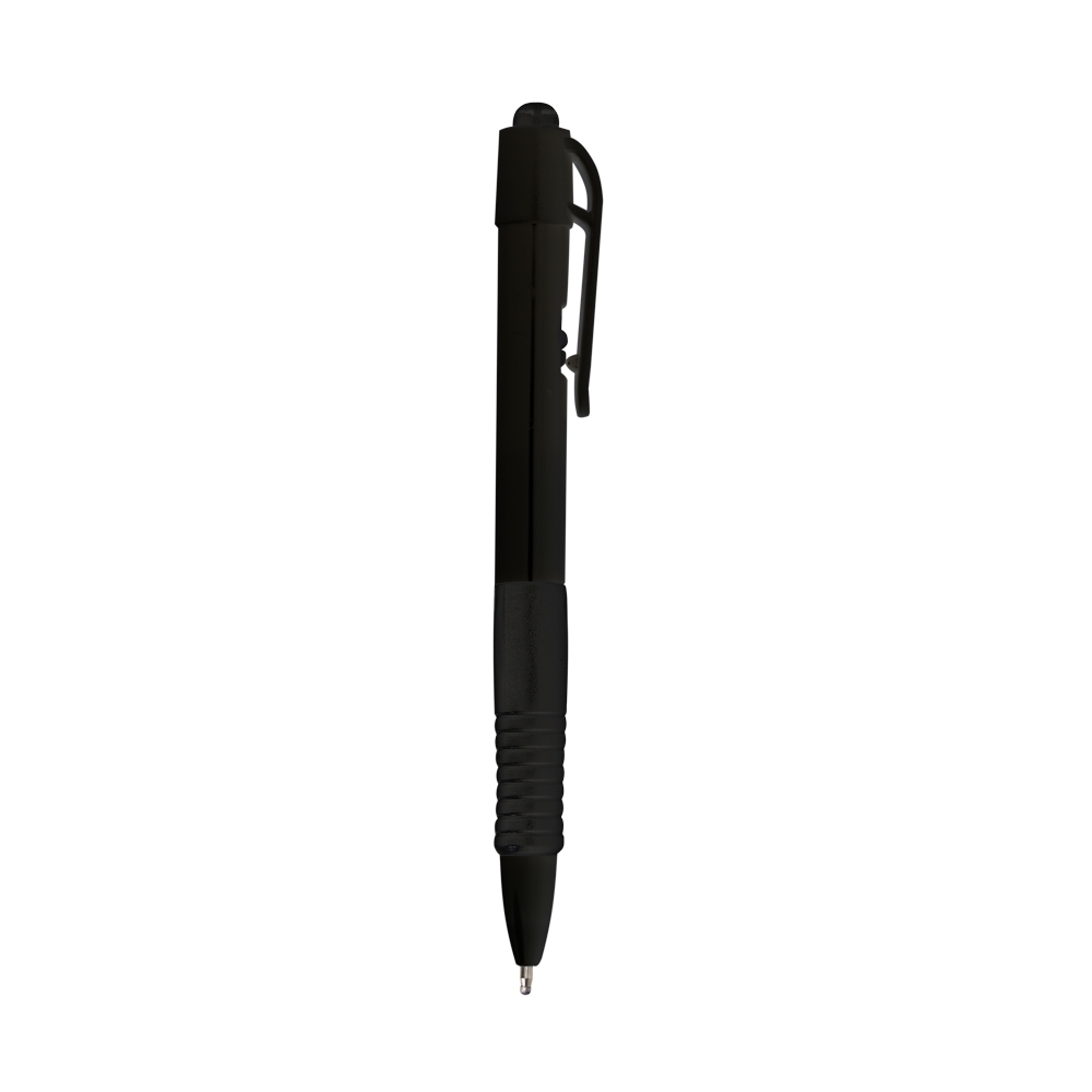 Caneta de plástico com carga preta e detalhe emborrachado na cor Preto, personalizada com a logo da empresa