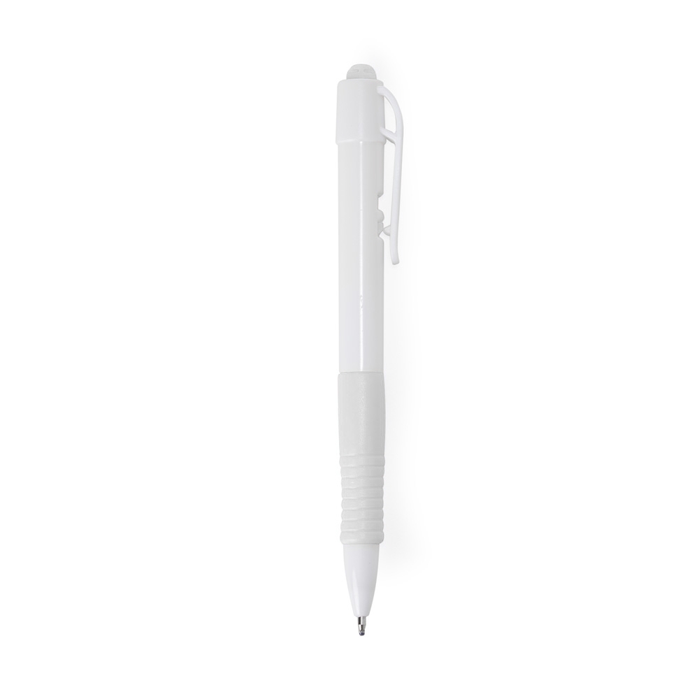 Caneta plástica leitosa de corpo branco com pega emborrachada colorida na cor Branco, personalizada com a logo da empresa