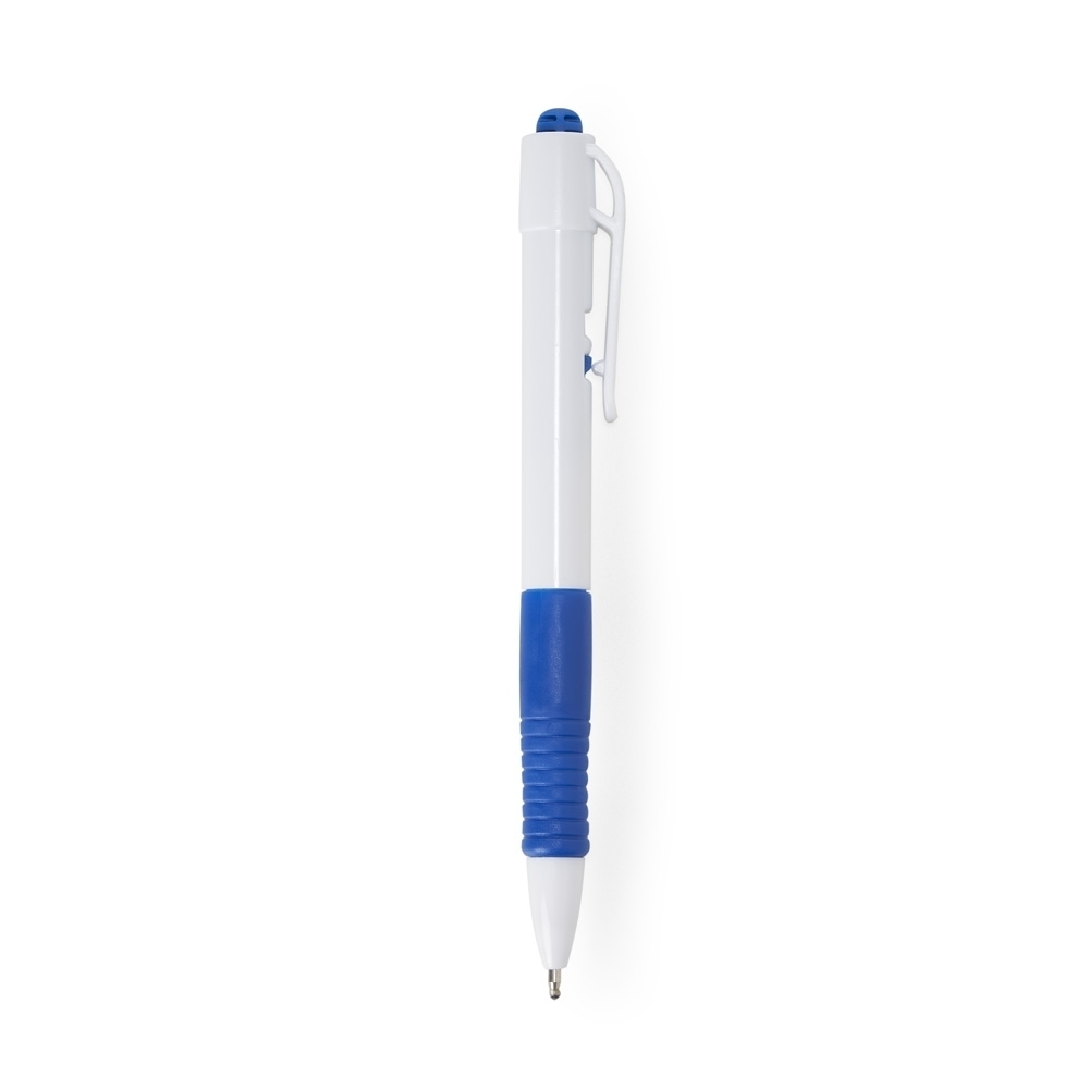 Caneta plástica com tinta preta, corpo branco e pega emborrachada na cor Branco / Azul, personalizada com a logo da empresa