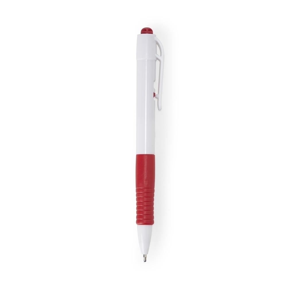 Caneta plástica com tinta preta, corpo branco e pega emborrachada