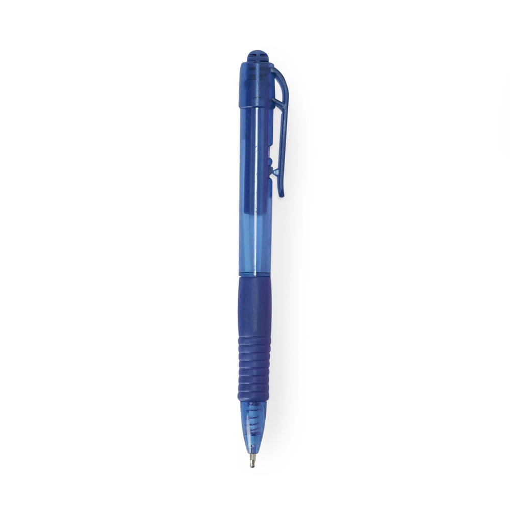 Caneta plástica translúcida com detalhe emborrachado personalizada com a logo da empresa, na cor azul