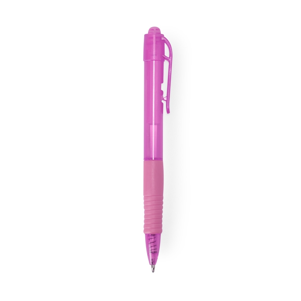 Caneta plástica translúcida com detalhe emborrachado personalizada com a logo da empresa, na cor rosa