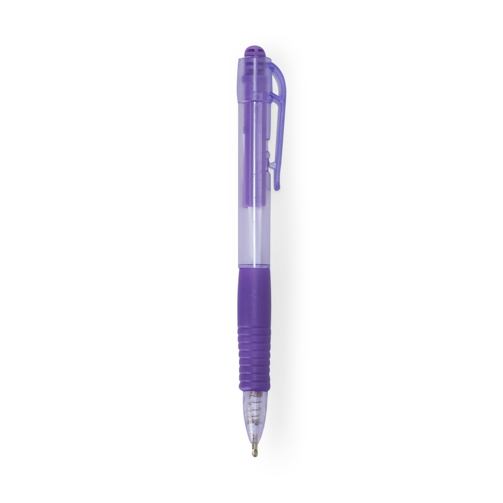 Caneta plástica translúcida com detalhe emborrachado personalizada com a logo da empresa, na cor roxo