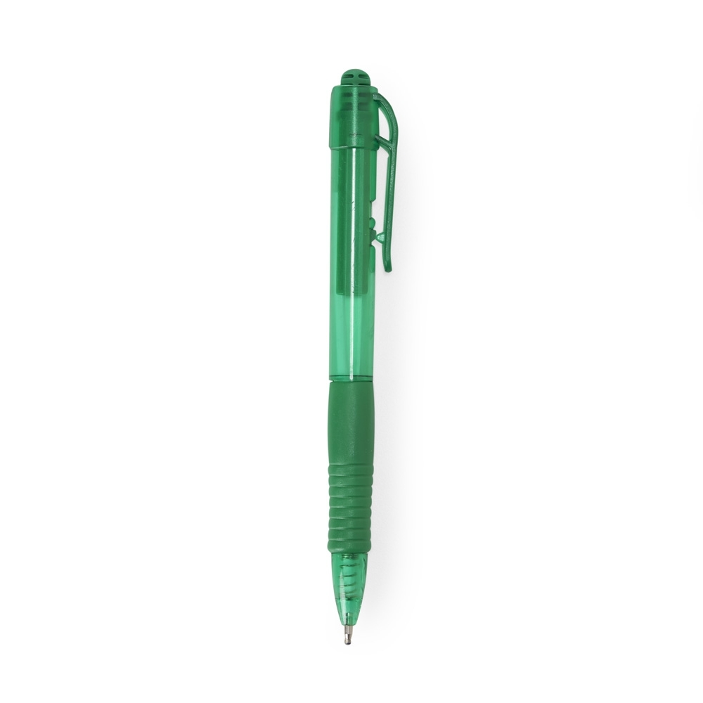 Caneta plástica translúcida com detalhe emborrachado personalizada com a logo da empresa, na cor verde
