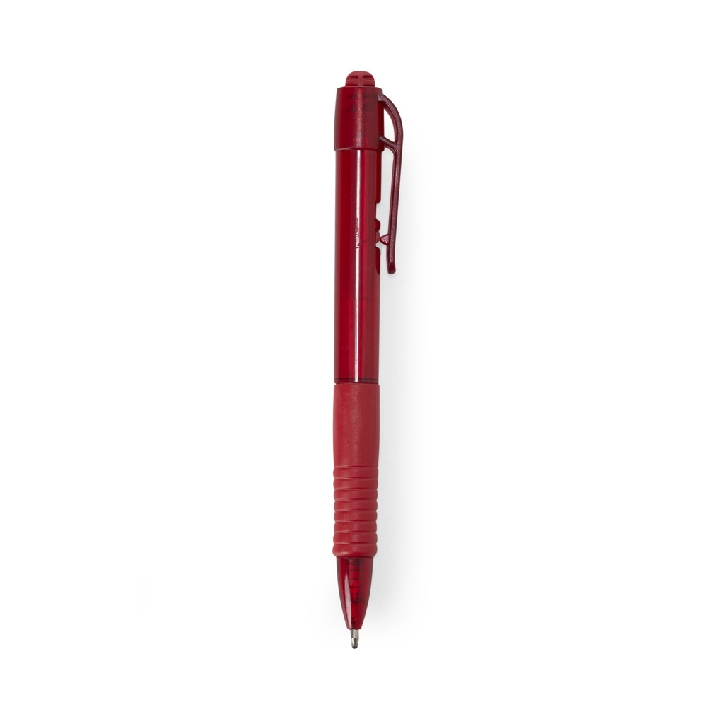 Caneta plástica translúcida com detalhe emborrachado personalizada com a logo da empresa, na cor vermelho