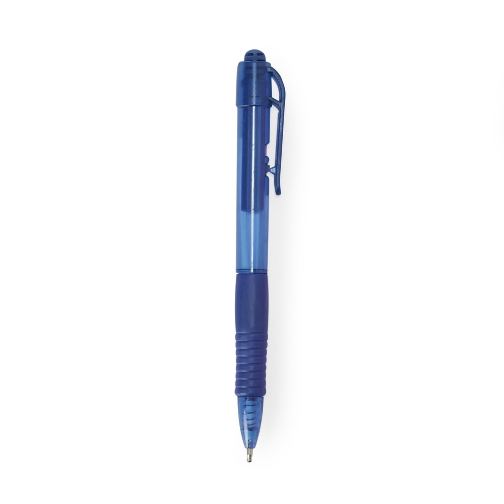 Caneta plástica translúcida com tinta preta e pega emborrachada personalizada com a logo da empresa